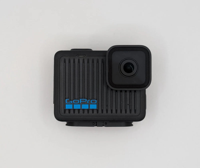 GoPro action camera with front lens and blue GoPro logo, black rugged housing
