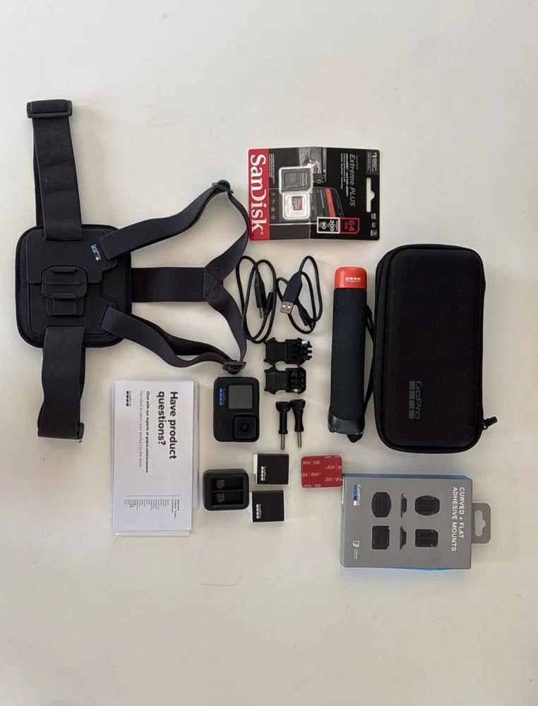 GoPro HERO10 Black bundle: chest strap, camera, case, 3 batteries, 64GB microSD