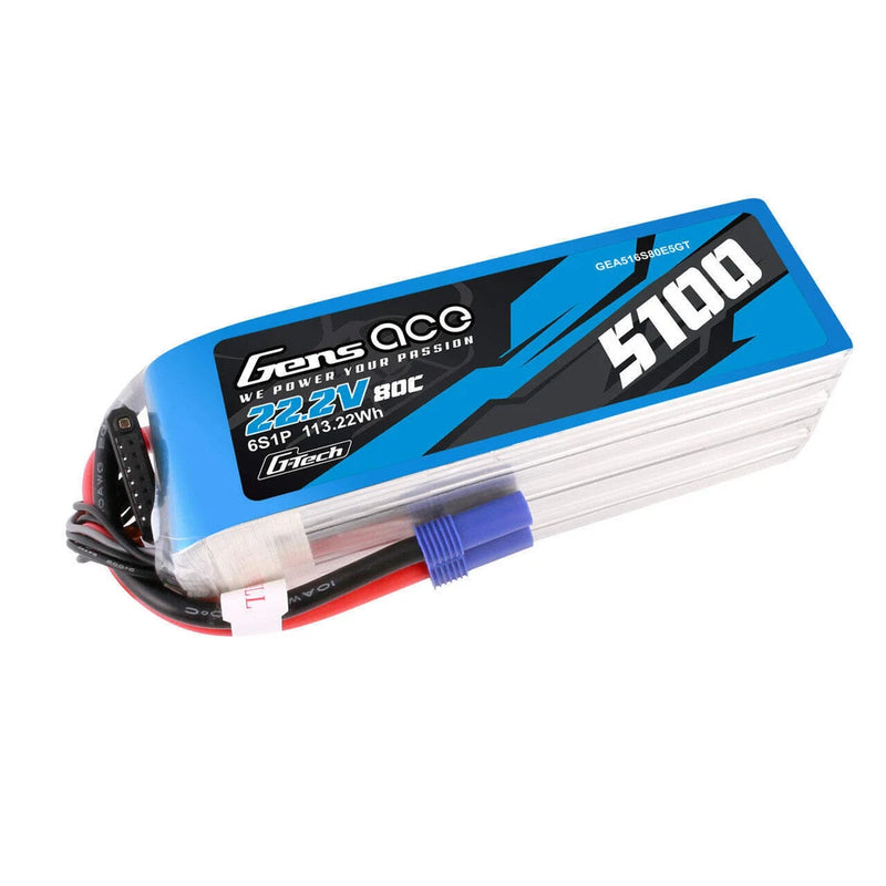 Gens Ace 5100mah 6S 80C 22.2V G-Tech Lipo Battery Pack With EC5 Plug Battery
