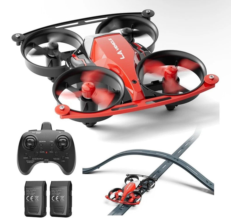 Mini indoor RC quadcopter drone with red frame, black rotors, remote and track pieces