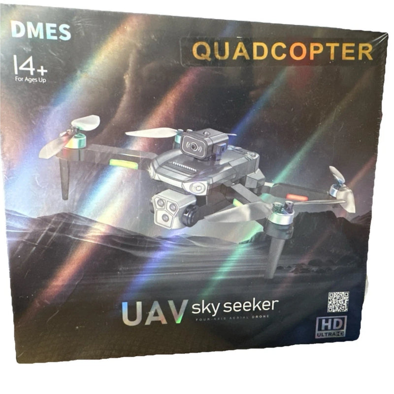 DMES quadcopter drone with HD camera, on product box