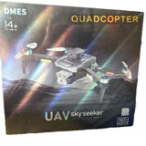 DMES quadcopter drone with HD camera, on product box