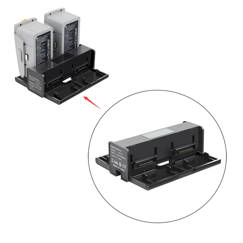 Drone battery charging hub with multiple bay slots, black and gray converter charger