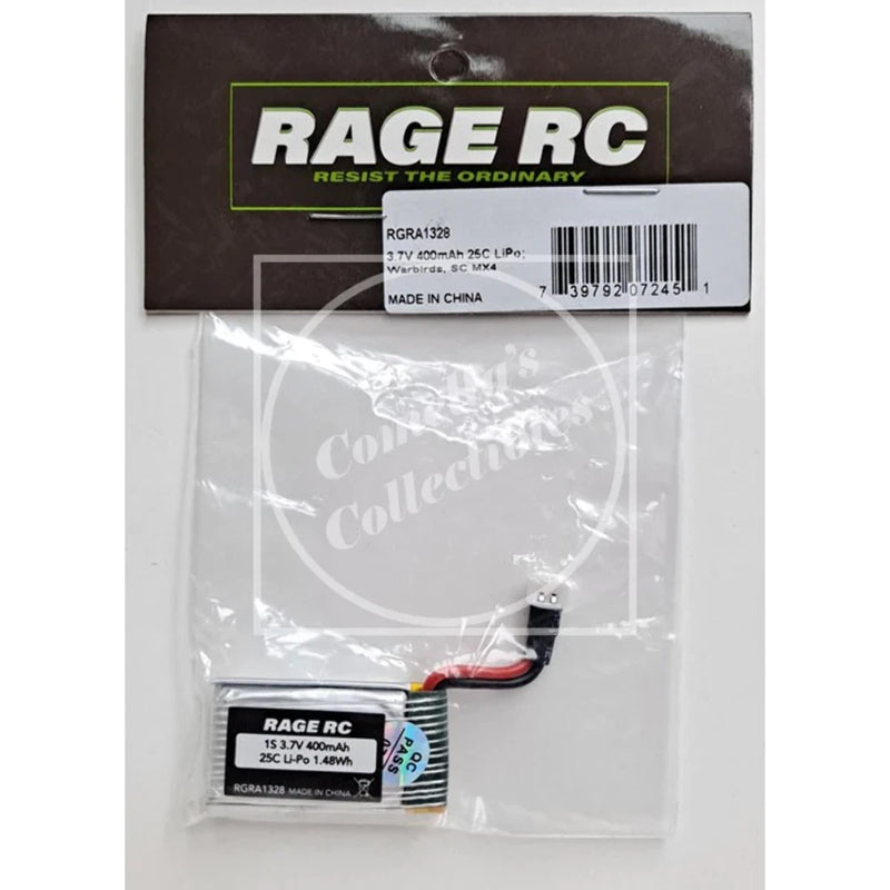 Rage RC 3.7V 400mAh 25C LiPo battery pack with red/black leads in plastic bag