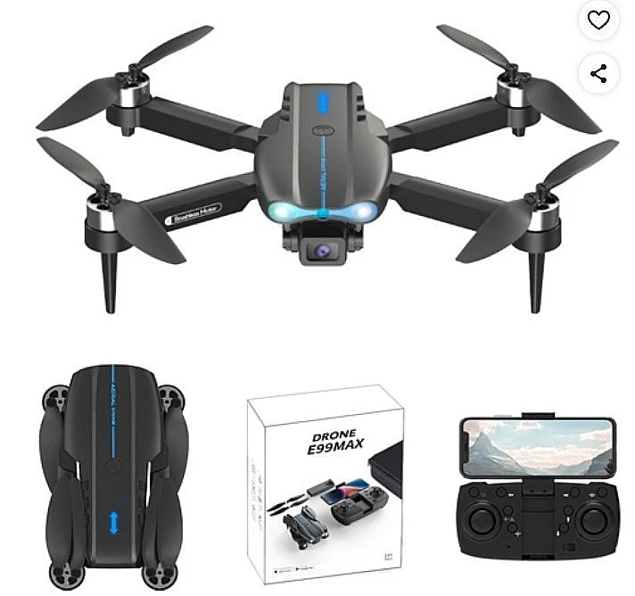 Foldable quadcopter drone with camera and propellers, plus controller and box