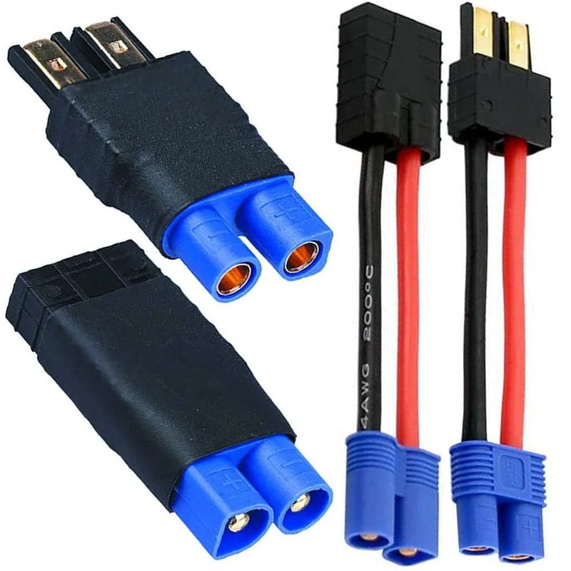 Battery charger adapter pair with black connectors, blue housings, and red/black wire leads