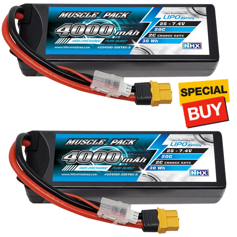 NHX Muscle Pack 2S 7.4V 4000mAh 20C Hard Case Lipo Battery (2) w/ XT60 Connector Battery