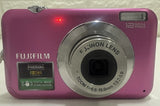 Fujifilm FinePix JV100 digital camera in pink, with front lens and 12MP label