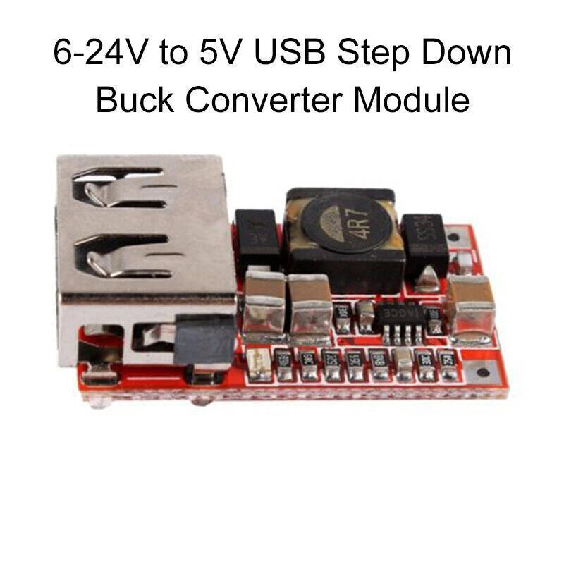 Red PCB USB step-down buck converter module with metal USB port and voltage regulators