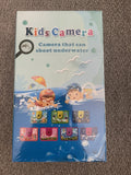 Kids waterproof camera retail box with ocean-themed graphics and multiple camera icons
