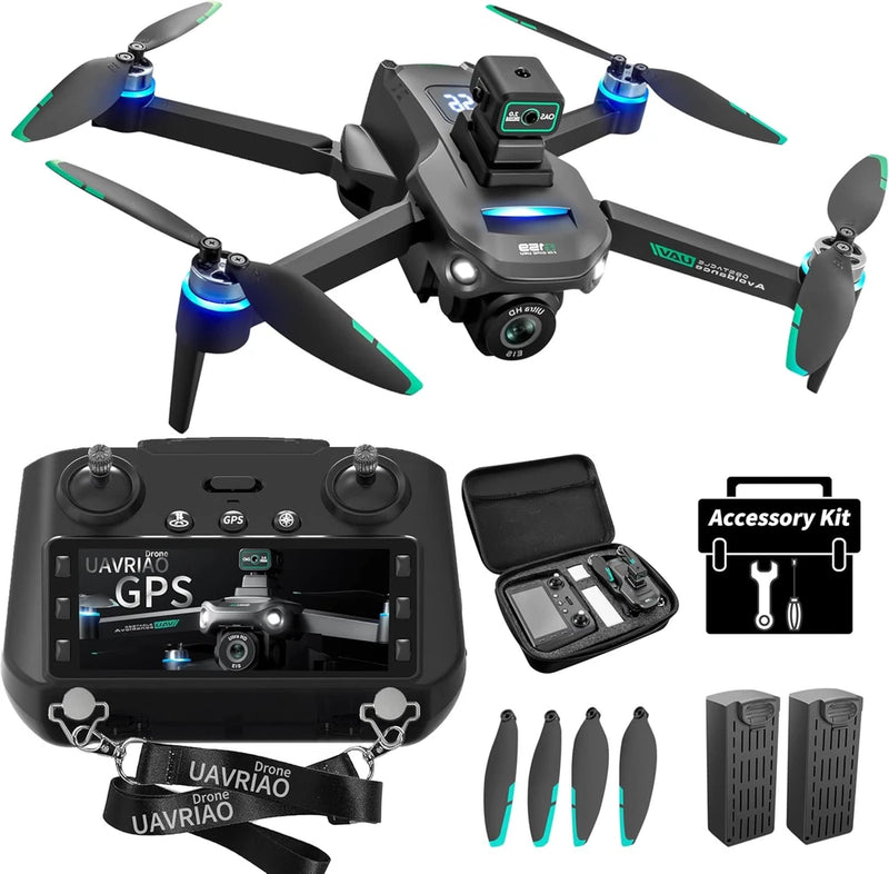 GPS quadcopter drone with remote controller and accessory kit, including propellers