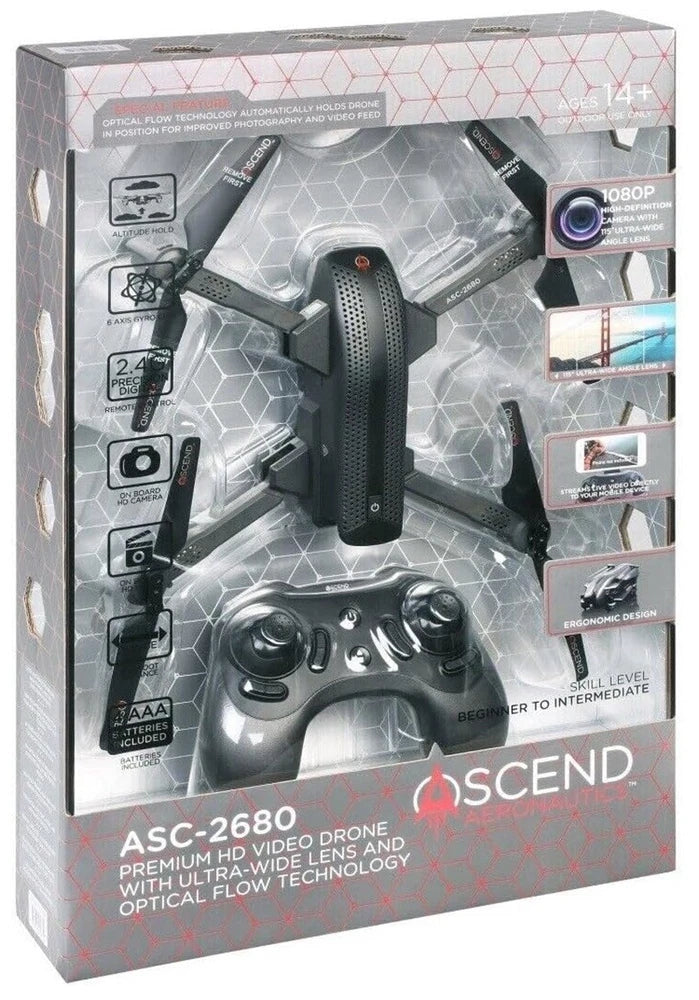 Packaged HD video drone with ultra wide lens, Ascend ASC2680, transmitter controller