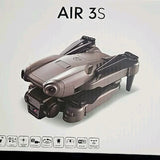 Folding camera drone with gimbal and propellers, gray body, front lens