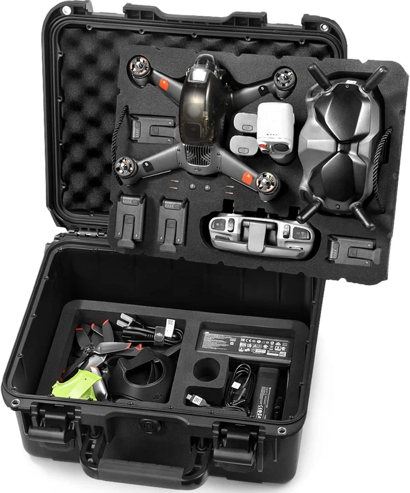 Waterproof hard case with foam insert, holding a drone and accessories inside