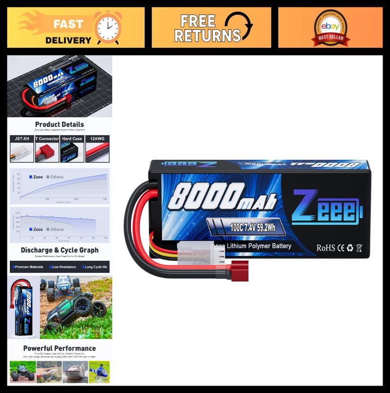 8000mAh 2S Lipo Battery 7.4V 100C T Plug Hard Case for RC Cars & Drones Battery