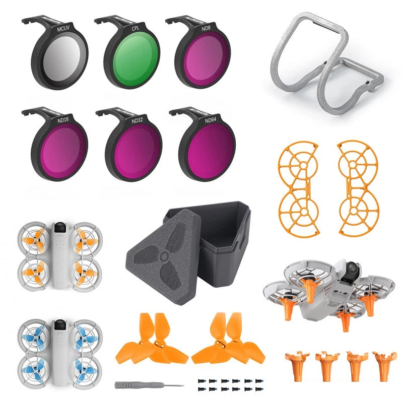 DJI NEO drone accessory kit with filters, propeller guards, landing gear and prop blades