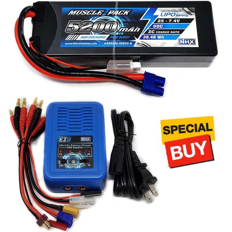 NHX Muscle Pack 2S 7.4V 5200mAh 50C Hard Case Lipo Battery w/ EC3 / EZ6 Charger Battery