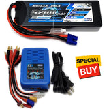 Hard-case RC LiPo battery pack with blue EZ6 charger and multi-connector cables