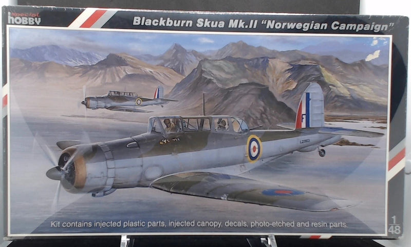 1:48 WWII aircraft model kit box showing grey Blackburn Skua Mk. II plane with markings