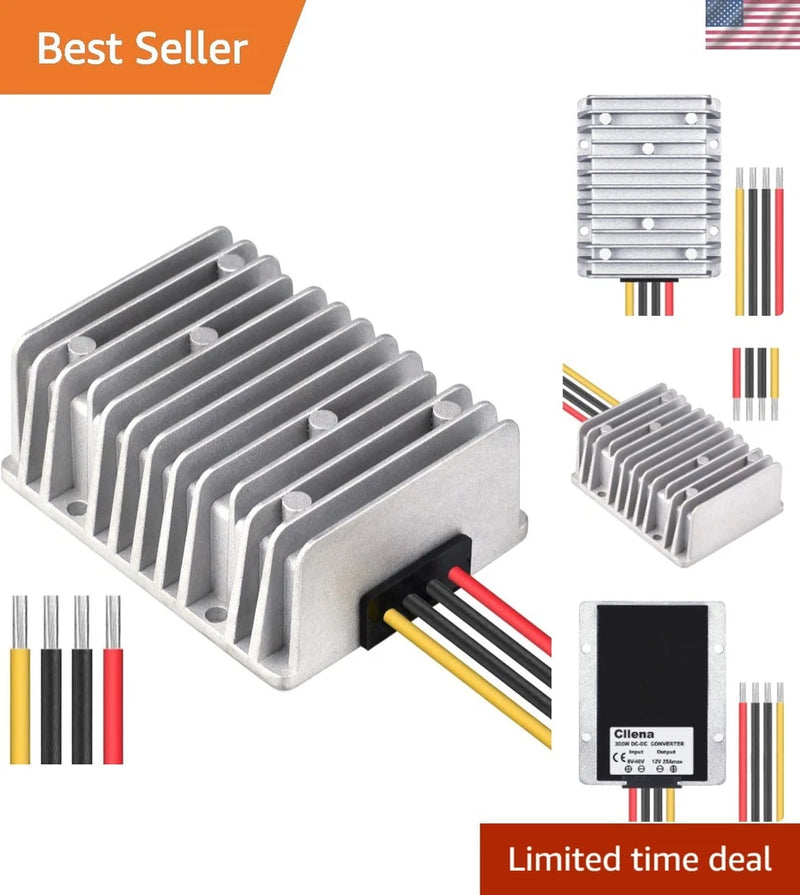Automatic buck-boost DC converter with aluminum heatsink and multicolor wire leads