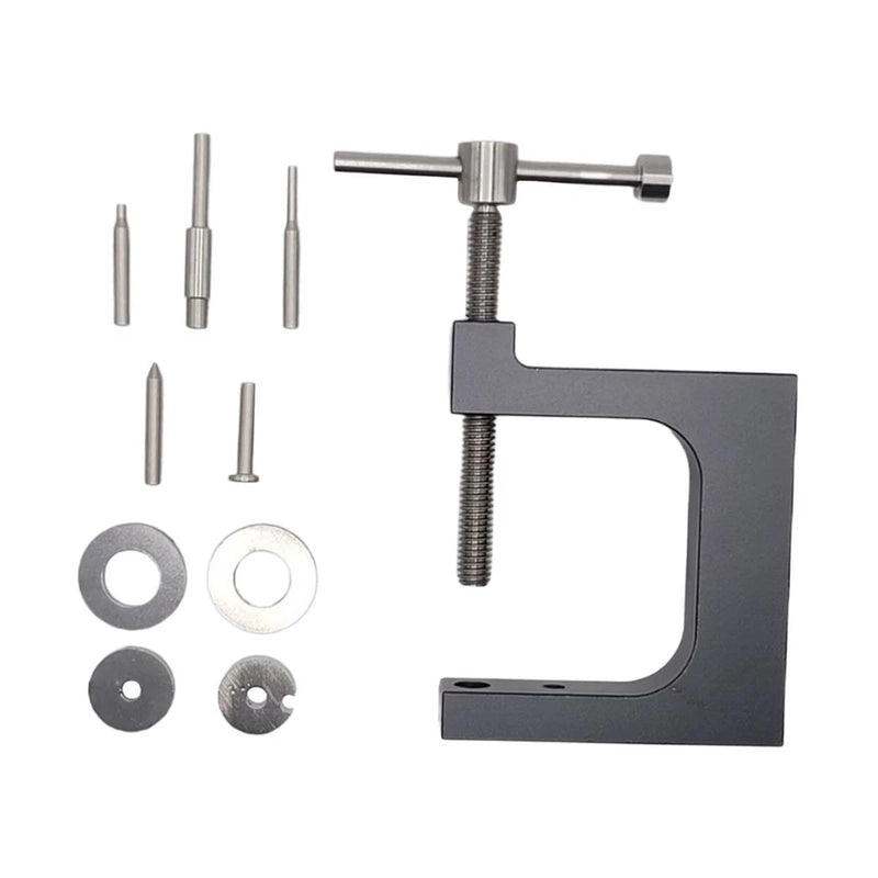 Gimbal disassembly tool repair kit with metal clamp, rods, washers, and screws