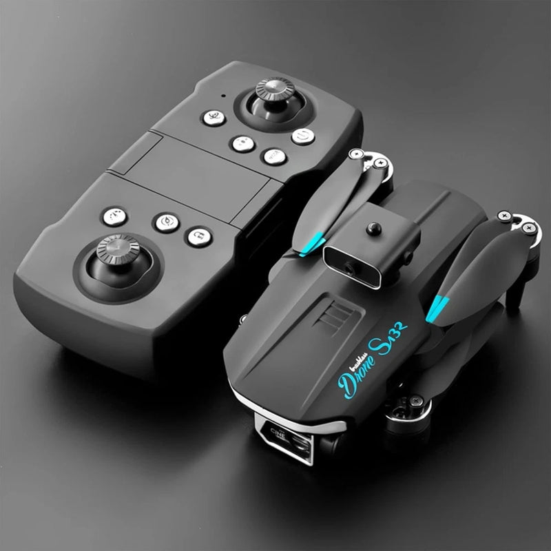 Foldable FPV drone with handheld controller; compact gray quadcopter design