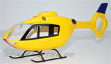 Yellow pre-painted RC helicopter fuselage with white cockpit and landing skids