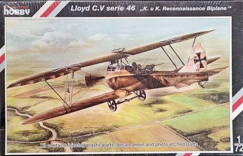 Special Hobby 1/72 Lloyd biplane model kit, box art with brown recon biplane