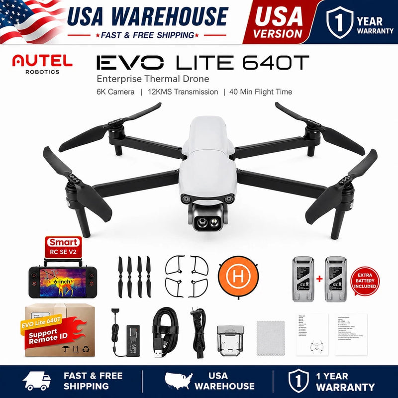 White quadcopter drone with forward thermal camera and four black propellers