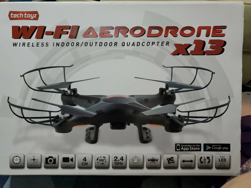 Wi-Fi aerodrone X13 quadcopter with four rotors shown on retail box