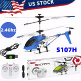Blue mini RC helicopter with gyro, one-key takeoff/landing, and 2.4GHz controller