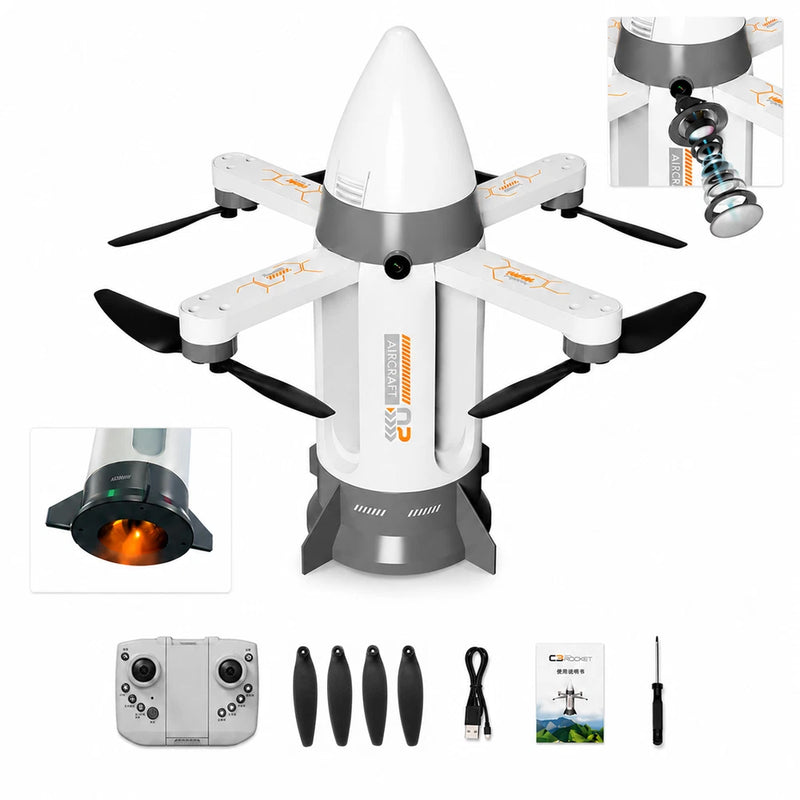 Rocket-shaped RC drone with FPV HD camera, spray mist nozzle and LED light, 4 propellers