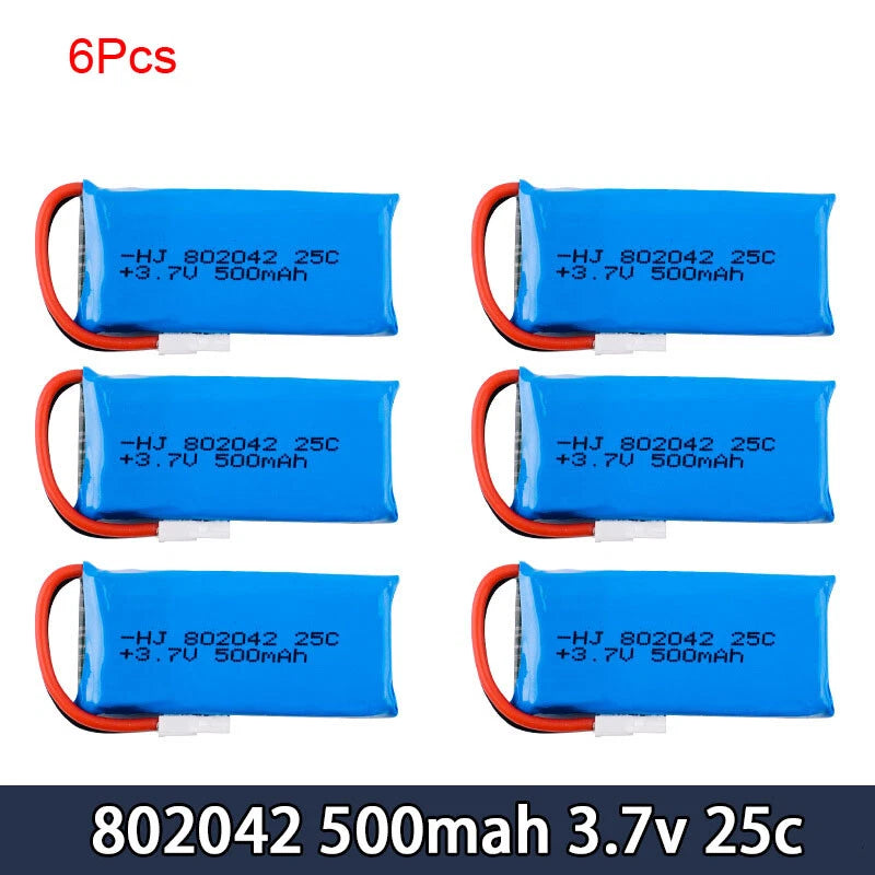 6-pack 802042 3.7V 500mAh 25C Li-Po RC drone batteries with red/black leads