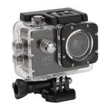Sports action camera with clear waterproof housing and black front lens