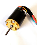 Brushless motor with black cylindrical housing, gold mounting plate, and metal output shaft