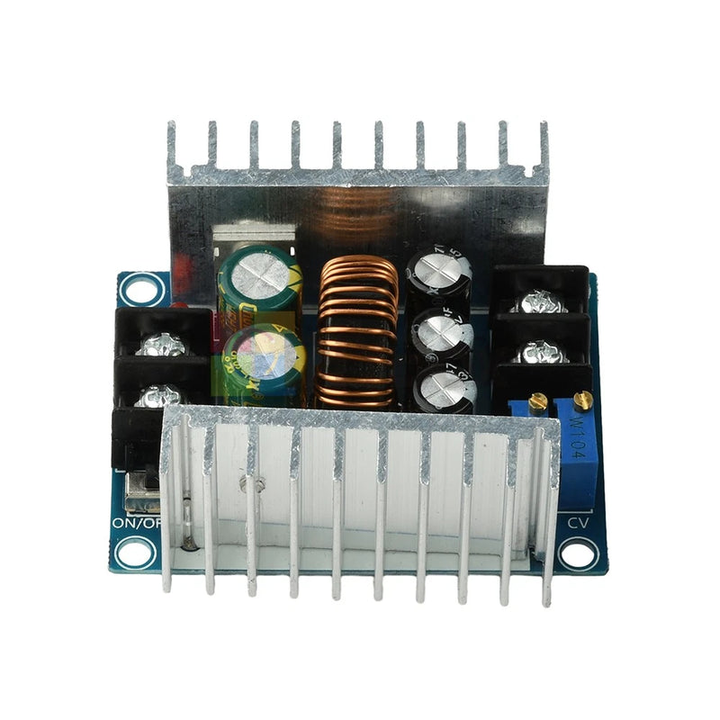 DC step-down converter PCB module with inductor coil, capacitors, and CV/ON-OFF labels
