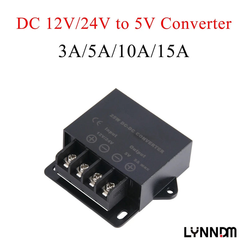 DC 12/24V to 5V step-down buck converter with screw terminals, 3A/5A/10A/15A