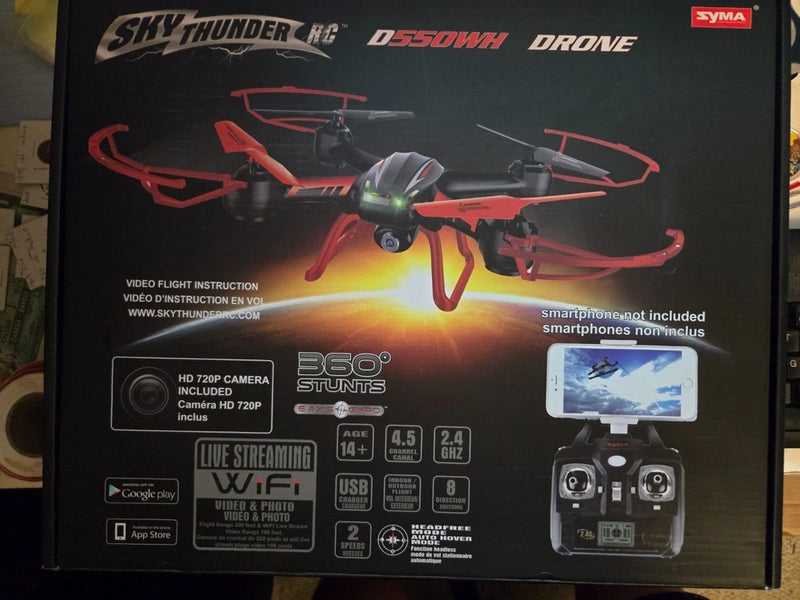 Red and black RC drone with HD 720P camera, SYMA SkyThunder retail box front