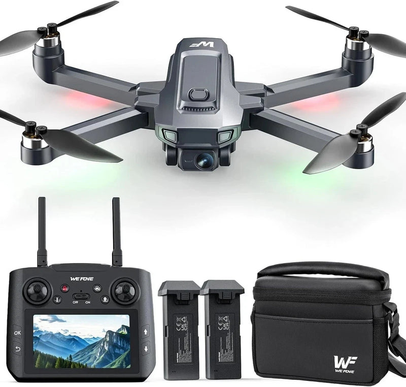 Gray foldable FPV drone with camera, handheld controller screen, extra batteries and case