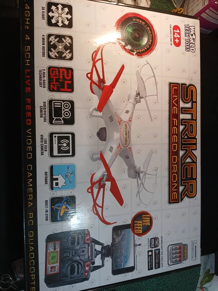 Striker FPV live feed drone retail box with red-and-white quadcopter graphic