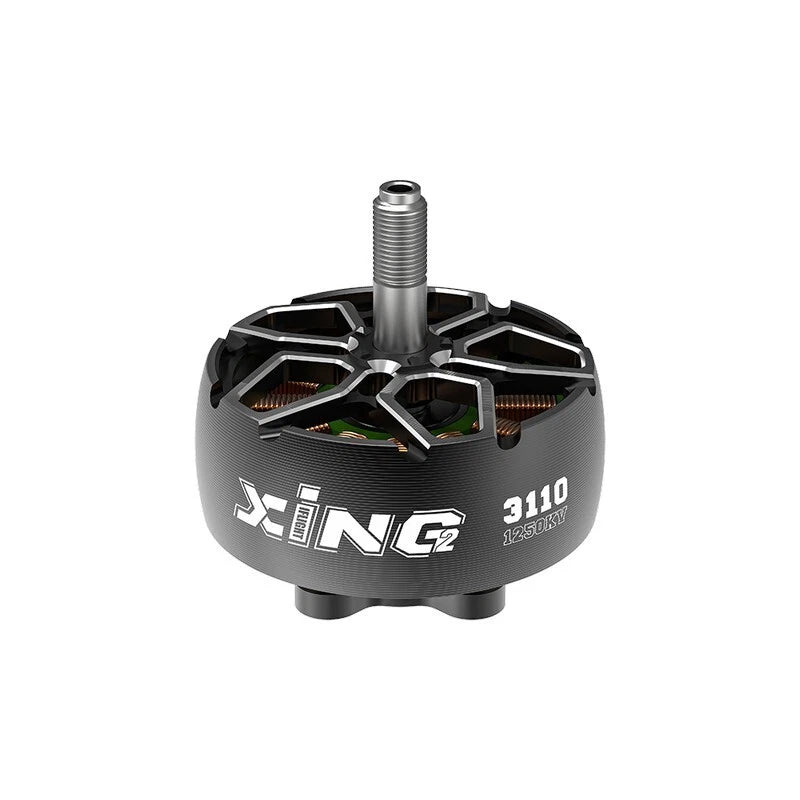 RC FPV drone motor, black XING2 3110 with exposed screw shaft and multi-fin housing