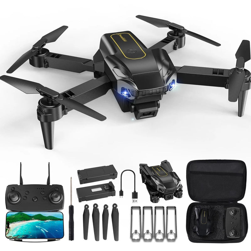 Foldable mini quadcopter drone with four propellers and included remote, battery, and case