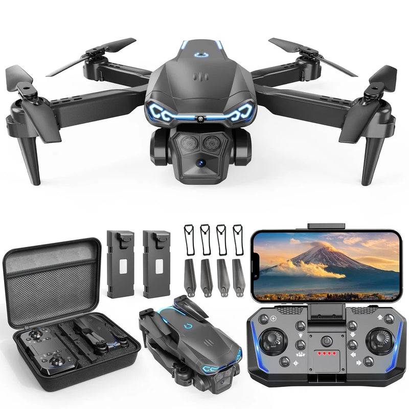 Black foldable drone with front camera, 4 prop arms, and included controller accessories kit