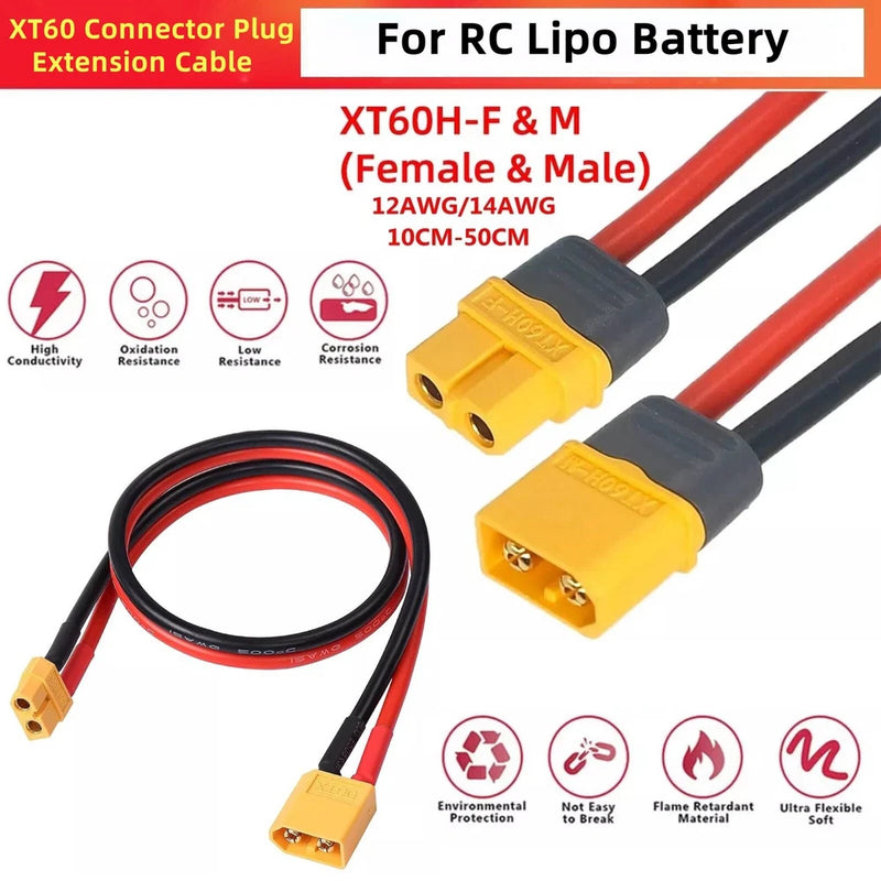 XT60 Connector Plug Extension Cable 12/14AWG Male to Female For RC Lipo Battery