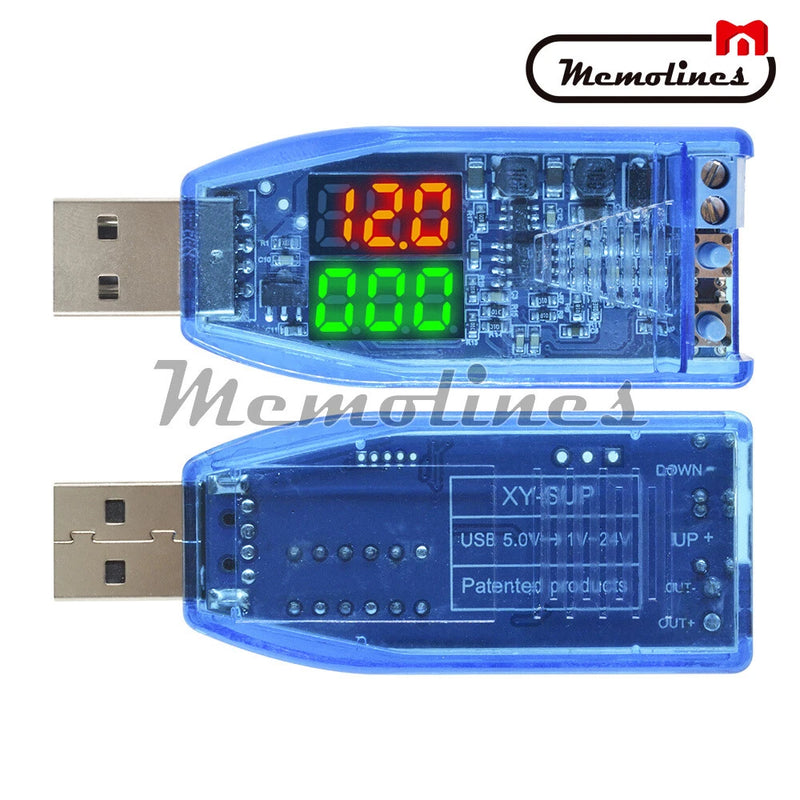USB buck-boost voltage converter module with dual LED displays and blue casing