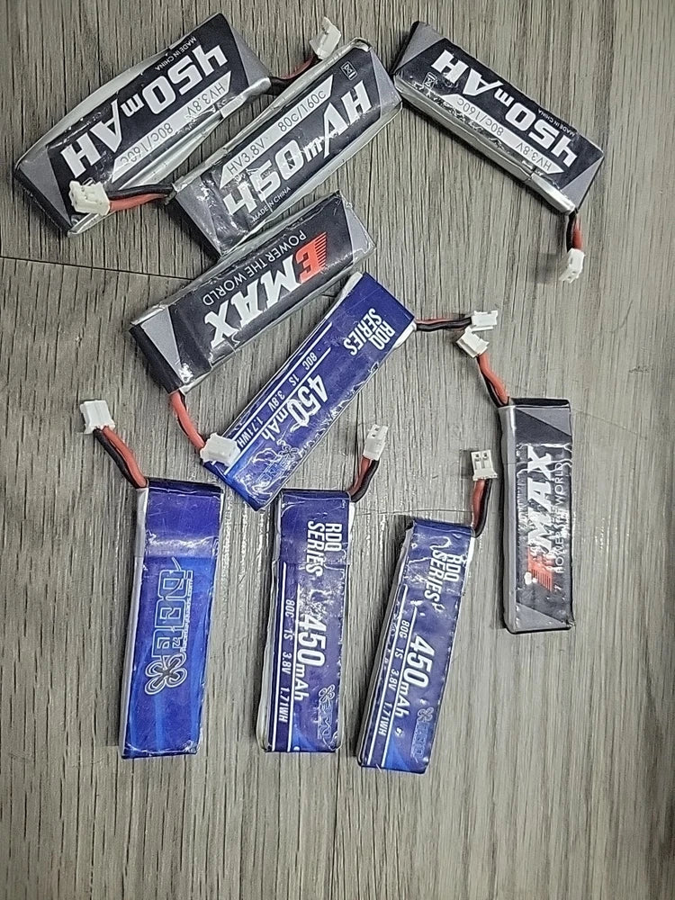 Set of blue 1S LiPo RC batteries with PH2.0-style connectors and red/black leads