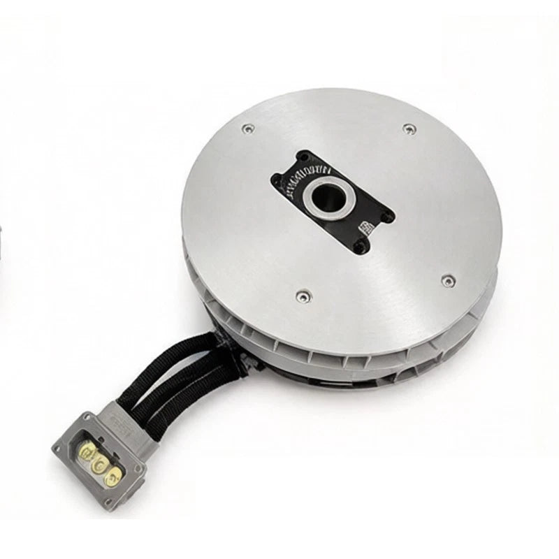 Drone propulsion motor, silver circular housing with black cable and connector