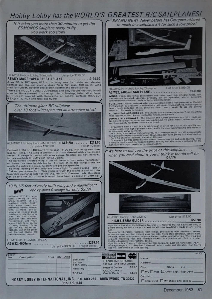 Vintage 1983 RC sailplane print ad with multiple plane photos and product text