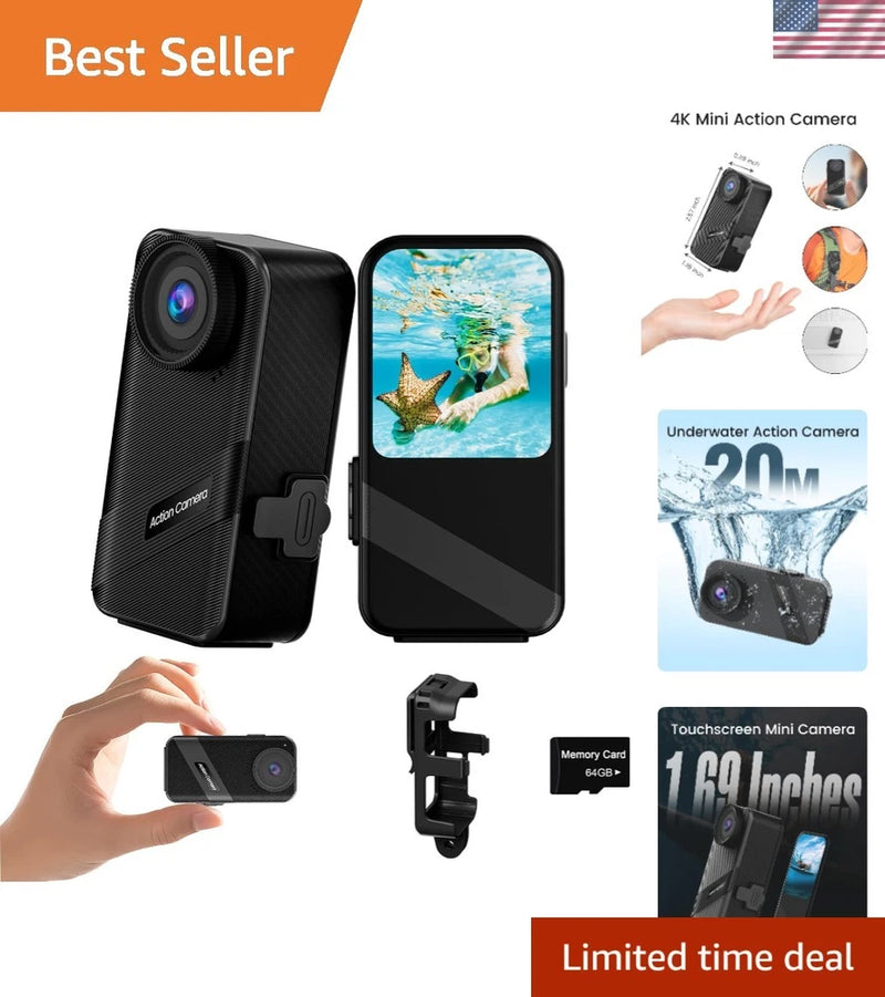 4K60FPS Mini Action Camera, HD Thumb Camera with 64G SD Card, POV Portable Bo...