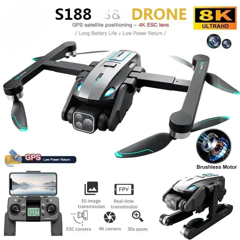 Black quadcopter drone with dual 8K camera and four brushless motors